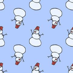 Seamless pattern of colored snowmen with a red bucket on a blue background. Contour lines. Winter entertainment. High quality illustration