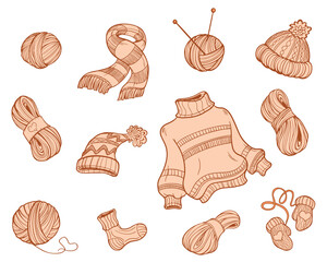 Vector lineart knitting clothes set on a isolated backround
