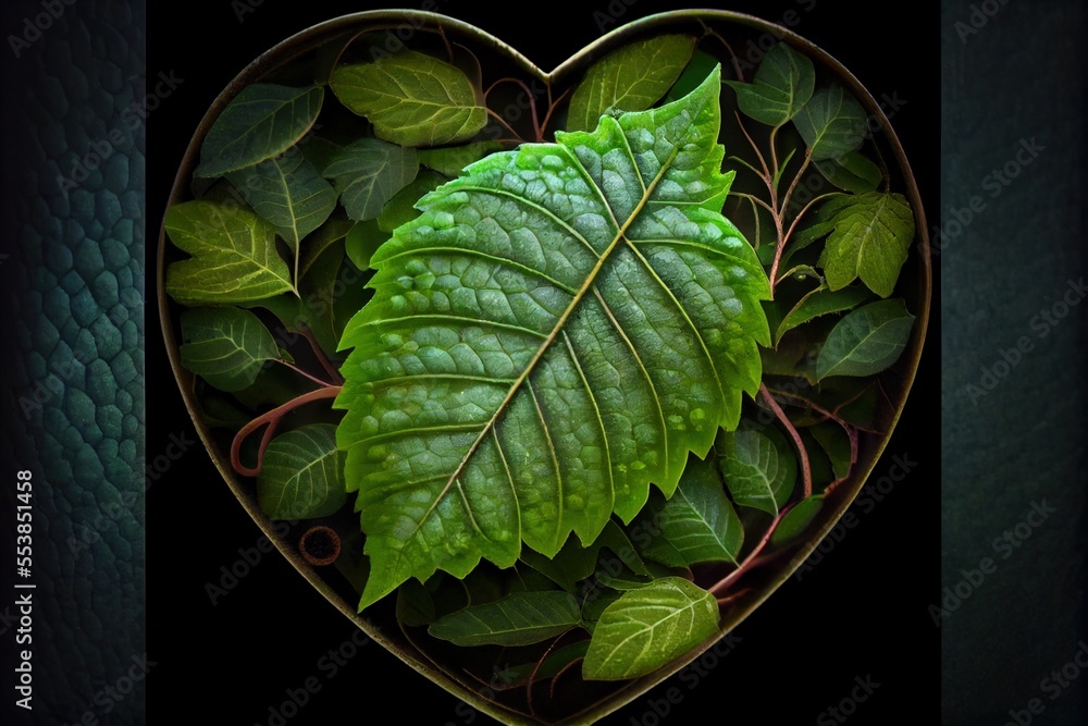 Poster a heart shaped box with a green leaf inside of it on a black background with a green border around i