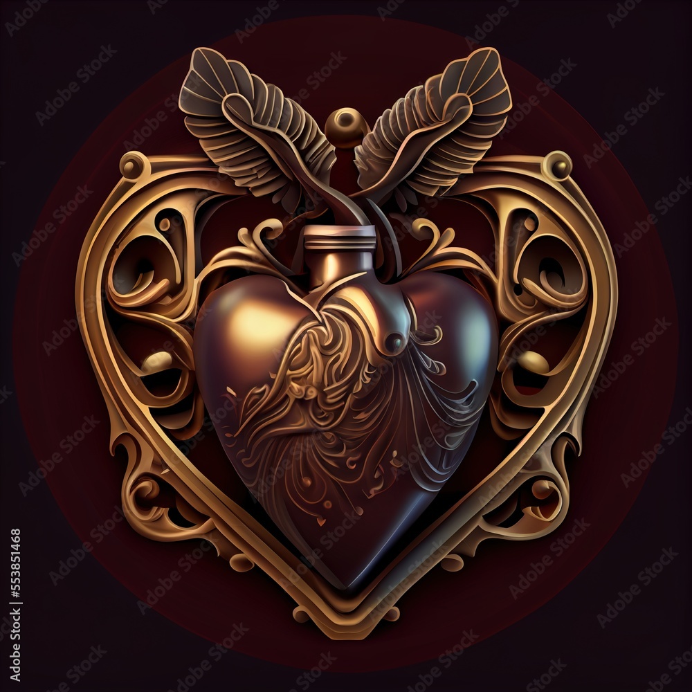 Poster a heart shaped vase with a bird on it's side in a gold frame with a red background. generative ai