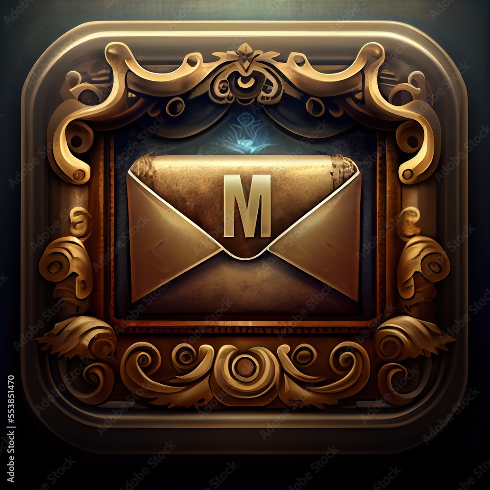 Poster a golden frame with a letter in it and a blue light coming out of it in the middle of the frame. gen