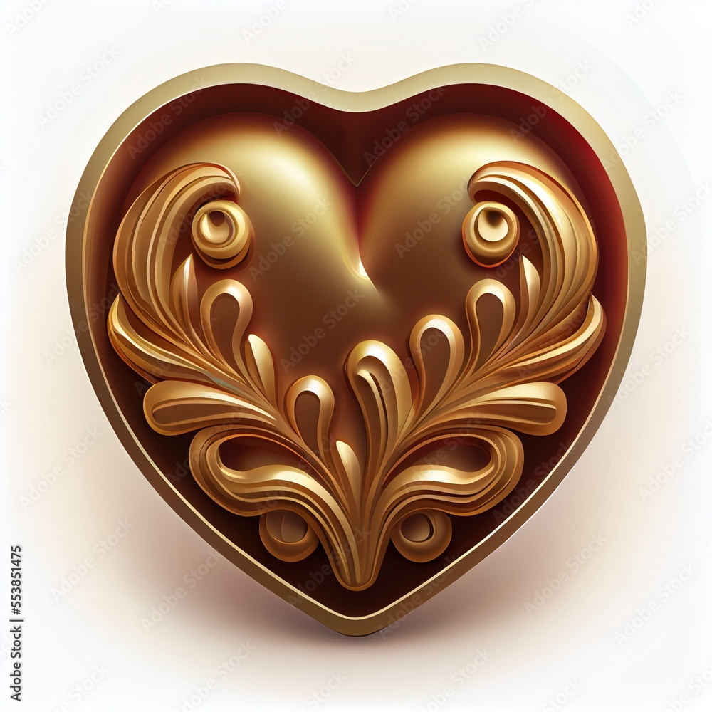 Poster a heart shaped object with a gold decoration on it's side and a white background with a white border