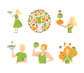 Young Male and Female with Healthy Vegan Food Having Light and Energy Vector Set