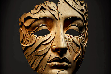 wooden theatrical mask with tragedy on her face - obrazy, fototapety, plakaty