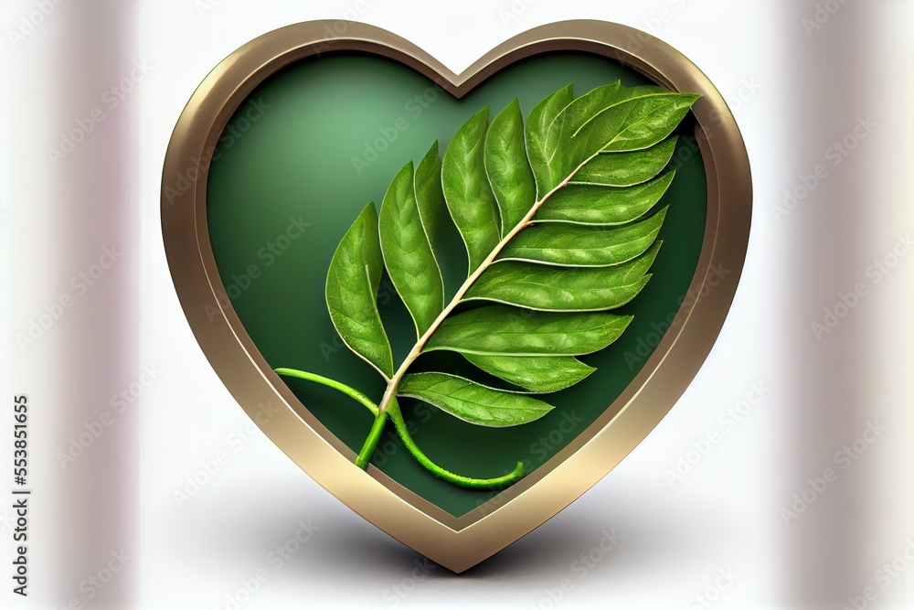 Poster a heart shaped frame with a green leaf inside of it and a gold border around the edges of the frame.