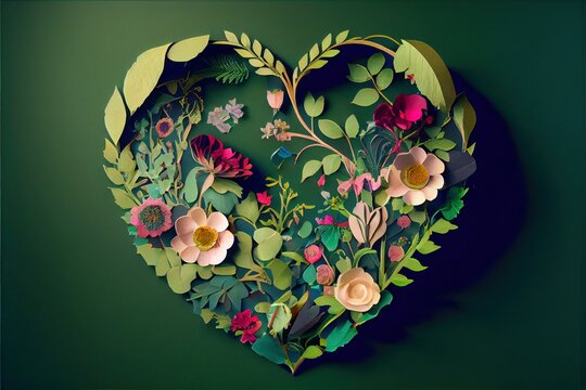  A Paper Heart With Flowers And Leaves Cut Out Of It On A Green Background With A Shadow Of A Heart.