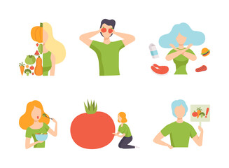 Young Male and Female with Healthy Vegan Food Having Light and Energy Vector Set