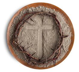 cross made of ash, dust as christian religion. Lent beginning
