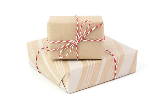 Gift Boxes Isolated On White. Wrapped Christmas Or Birthday Gift Boxes. Presents Wrapped In Striped Craft Paper