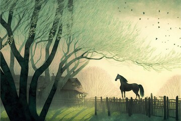 Ethereal and magical farm life  illustration made with Generative AI
