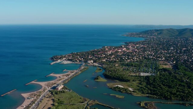 Ponds villepey in front of the mediterranean sea Saint aygulf city aerial France