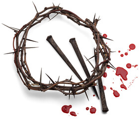 Metal nails, crown of thorns, drops of blood.  Christian Easter holiday.