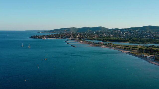 view of the sandy beach of Saint Aygulf from the sea aerial France sunny day