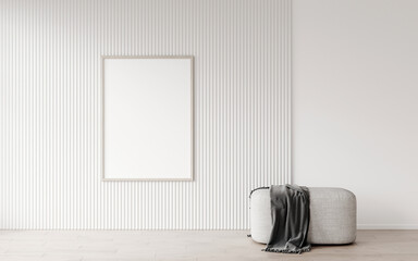 Empty wooden frame mockup on  white wall. Open space with pouf, decorative wall with embossed...