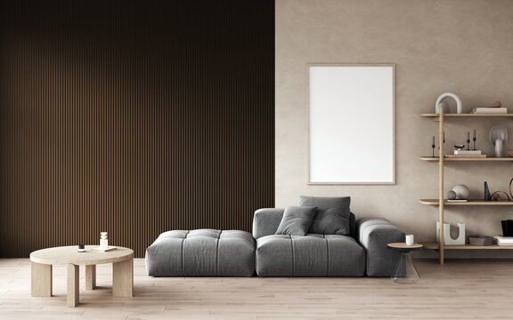 3d rendering of modern living room with grey sofa, open shelf with decor, decorative wall with dark brown panels, grey decorative pillows .Empty white frame for art on wall. Frame mockup. 3d render