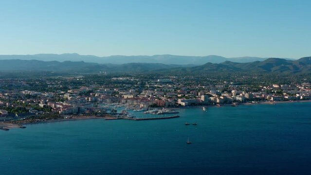 Frejus old harbor sunny day aerial shot french riviera France