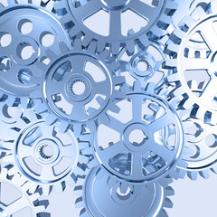 Set of pinion gears, clockwork, machinery and mechanics, 3D illustration, artistic mechanical system concept.