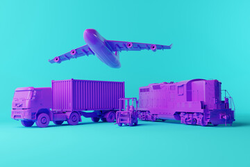 A forklift truck, a truck, plane and train on a solid background. Concept of transporting heavy...