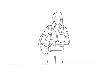 Drawing of female student holding laptop and looking at camera. Continuous line art style