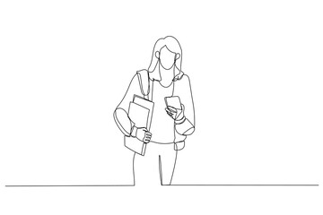 Fototapeta na wymiar Illustration of young student girl using smartphone at the city. Single line art style