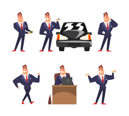 Successful Businessman Character as Strong Muscular Rich Man in Suit and Tie Engaged in Different Activity Vector Set
