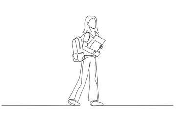 Drawing of full body side view student girl hold backpack books walk. Single continuous line art style