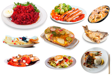 Top view of many plates with different food over white background