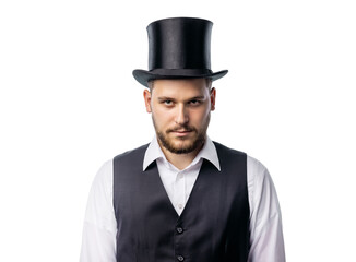 Portrait of european man in formal outwear, black cylinder hat isolated in blackground