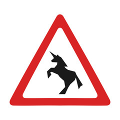 Caution of the jumping unicorns traffic sign, triangle shaped, vector illustration