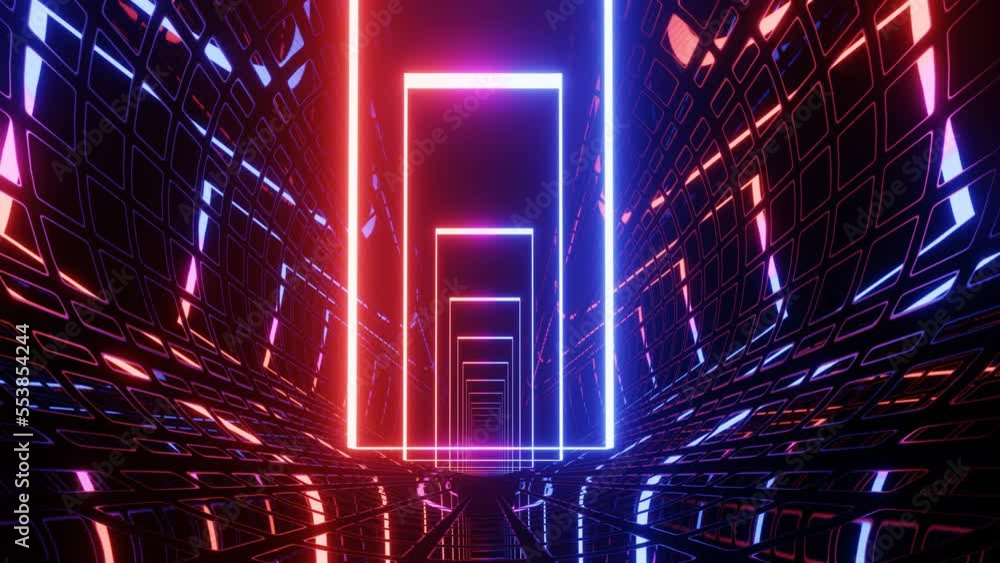 Poster Hi-tech neon sci-fi tunel. Trendy neon glow lines form pattern and construction in mirror tunnel. Sci-fi pattern with glow frames. Fly through technology cyberspace. 3d looped seamless 4k bg.