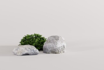 Naklejka premium Granite stones on a light background, leaf shadow and light plants. Concept of abstract background, background for products and product image. 3D render, 3D illustration.