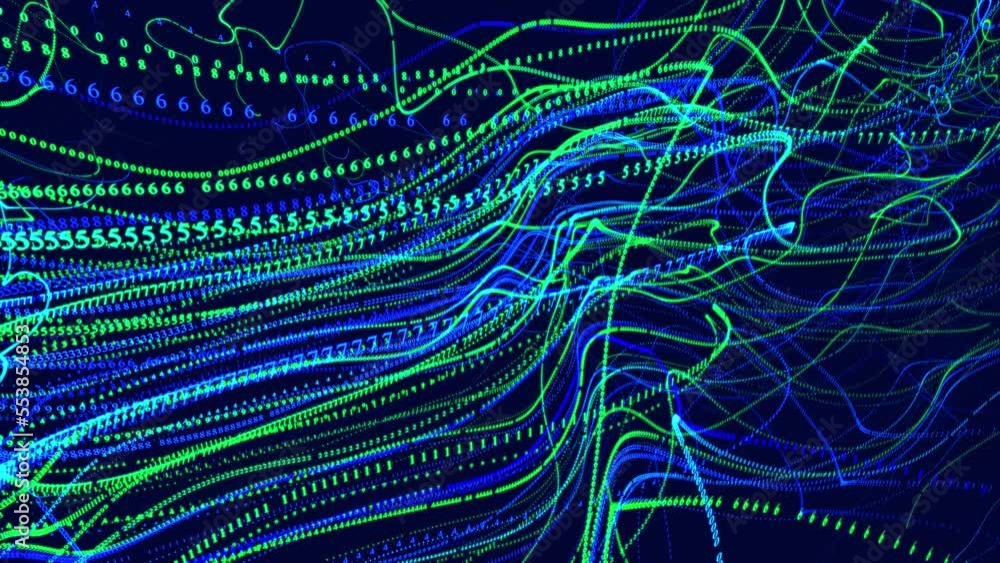 Poster digital waves. vj loop hologram abstract bg. symbols form lines, grid, strings. information concept.
