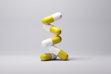 Tablets, yellow capsules on a light background. Treatment, medical and pharmaceutical concept. Treating sick people, taking care of patients. 3D render, 3D illustration.