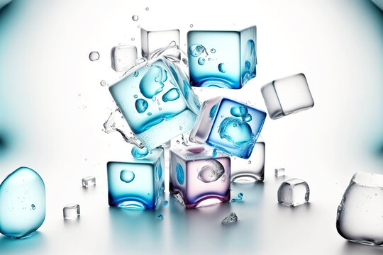 Falling And Flying Multi-colored Ice Cubes Isolated On White Background