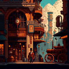 Cartoon image of a steampunk city from retro video games