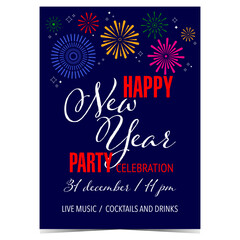 New Year celebration party invitation card, banner or poster. Design template of vector illustration for New Year night celebration on December 31 with fireworks on background. Ready to print.
