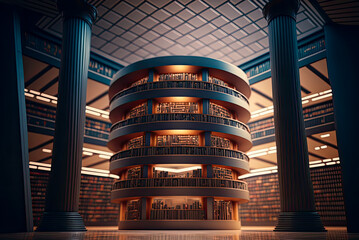 Modern library interior, round, architectural concept. Generative AI