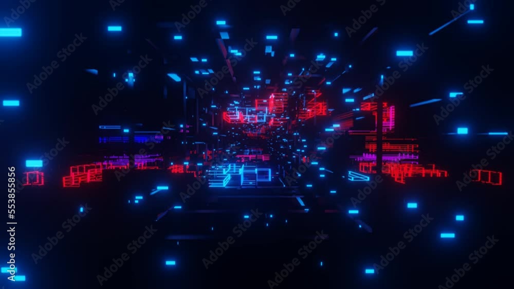 Aufkleber hi-tech neon sci-fi tunel. trendy neon glow lines form pattern and construction in mirror tunnel. fl