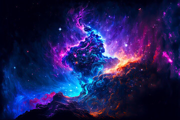 Fototapeta na wymiar Vibrant blacklight painting of nebula, space, stars, universe. Generative AI