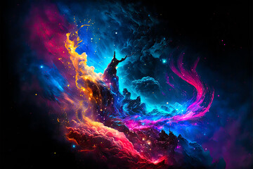 Fototapeta na wymiar Colorful blacklight painting of space, nebula, stars. Generative AI