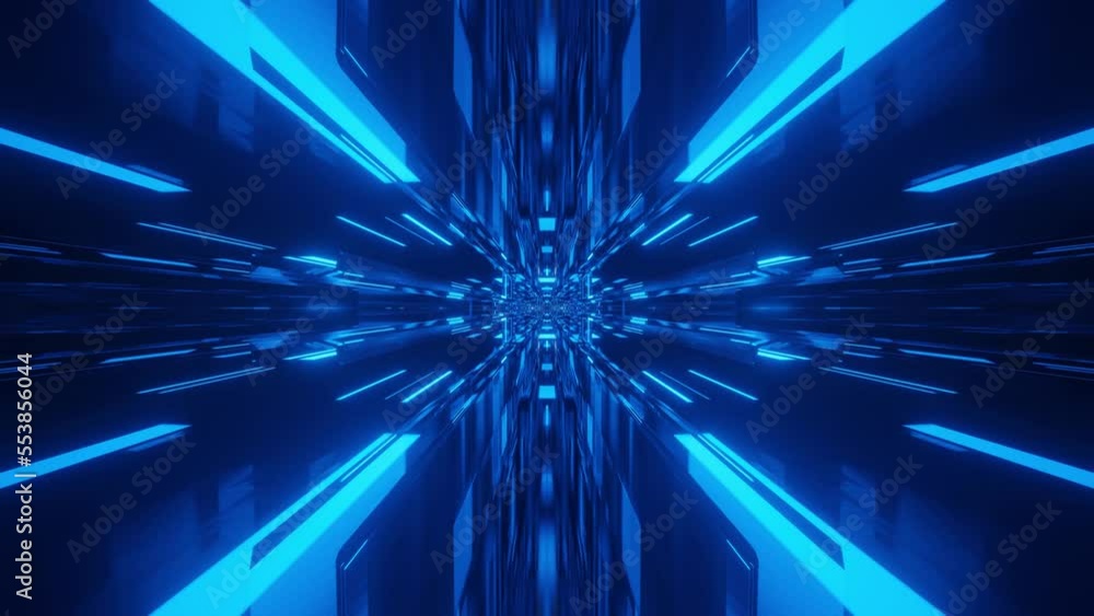 Poster fly through symmetrical technology cyberspace with neon glow. sci-fi flight through hi-tech technolo