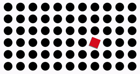 concept and metaphor of being different. many round black dots and a single red square.