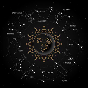 zodiac horoscope stars constellation space symbol, mystic astrology night sky map. thin line sign art design vector illustration