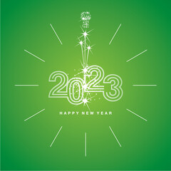 2023 Happy New Year clock countdown with sparkle firework golden triple line design shining numbers lucky green background