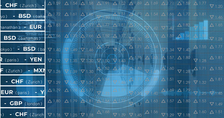 Image of digital data processing and digital interface and grid over blue background