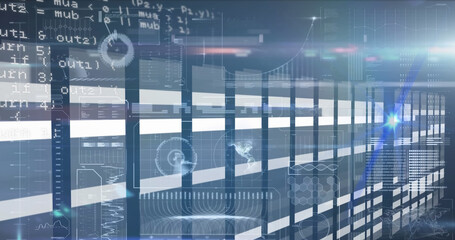 Image of data processing and shapes over server room