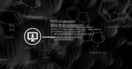 Image of qr code and network of connections over black background