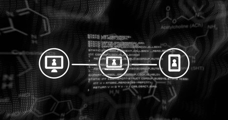 Image of qr code and network of connections over black background