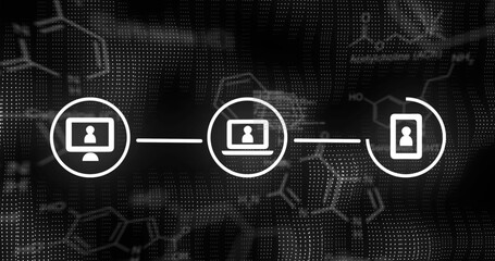 Image of qr code and network of connections over black background