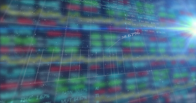 Image of digital grid pattern with line graph and trading board against colorful background - Powered by Adobe